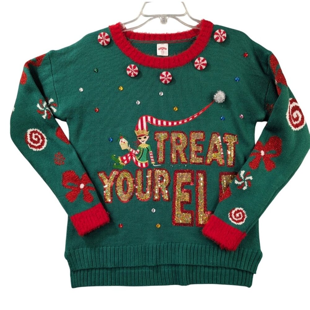 Ugly Christmas Sweater "Treat Your Elf" Size S With Festive Design & Sequins